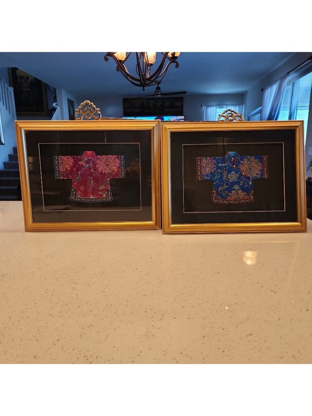 Gold Framed Asian Inspired Textiles Taoist Priests Dragon Set Of 2 Brass Hangers